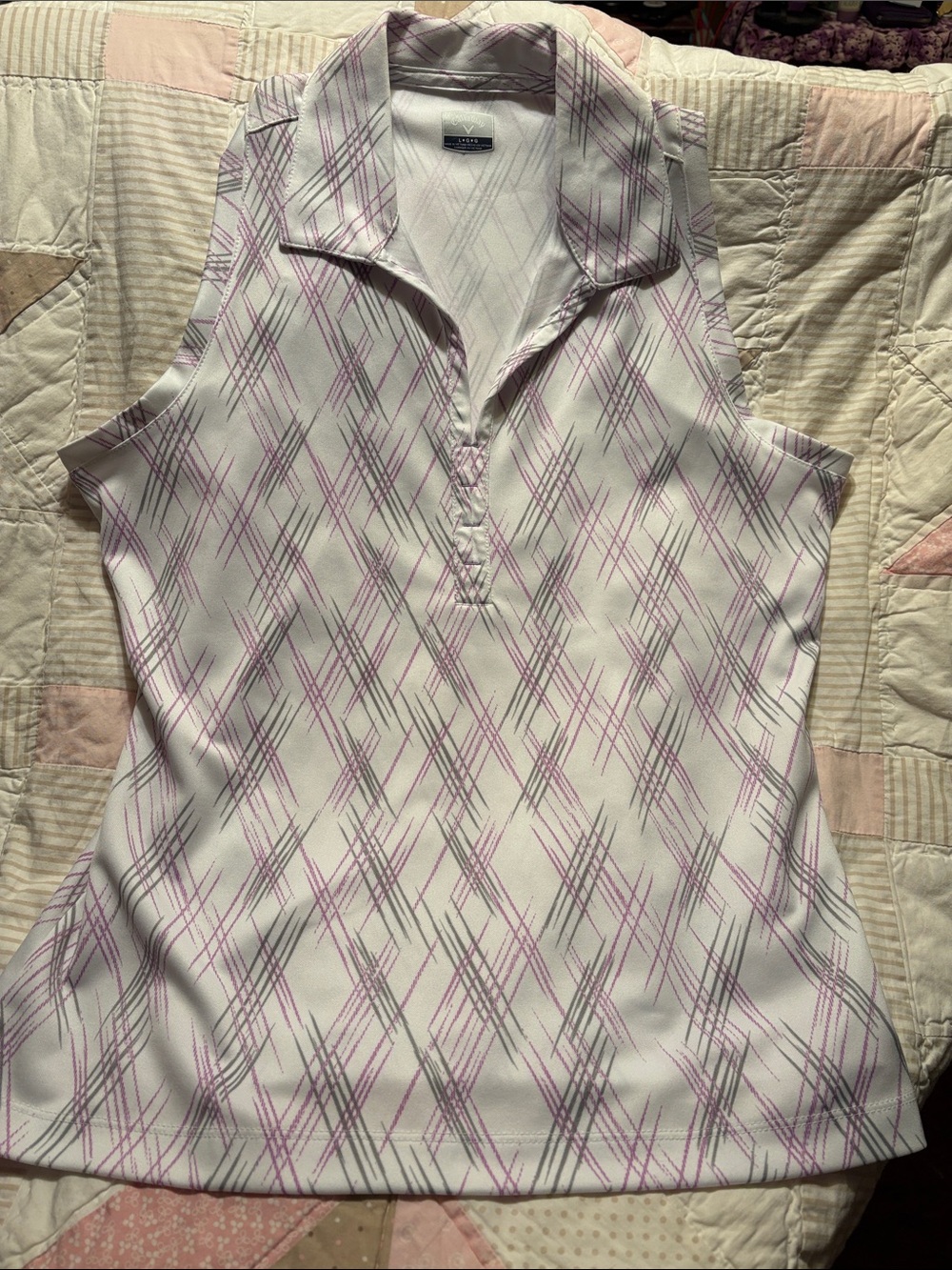 Callaway White Sleeveless Golf Polo Tank with Pink and Gray Plaid